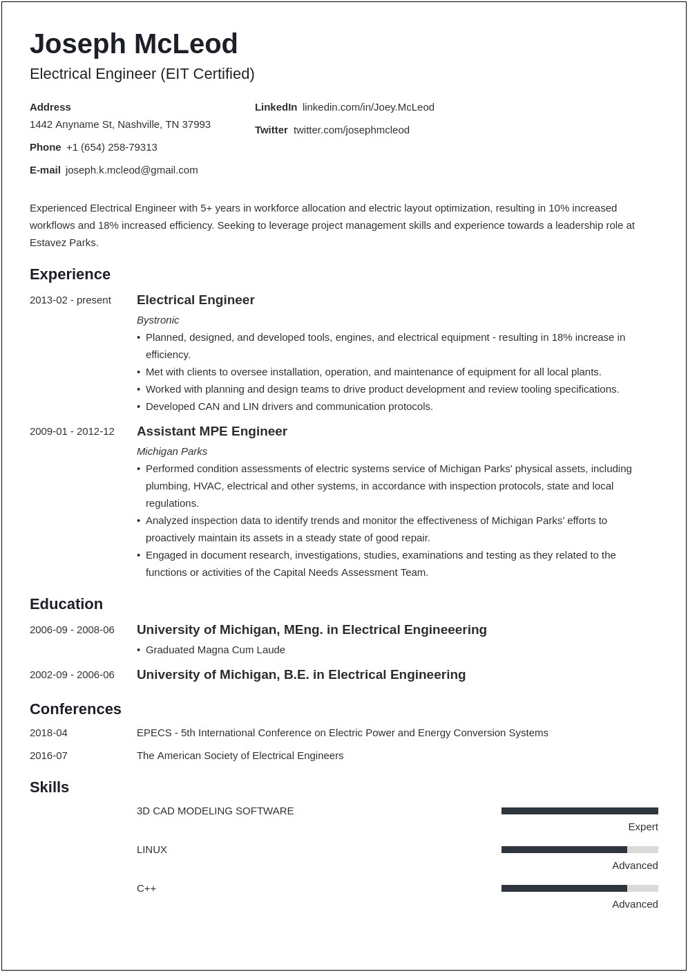 Electrical Engineer Resume Templates Free