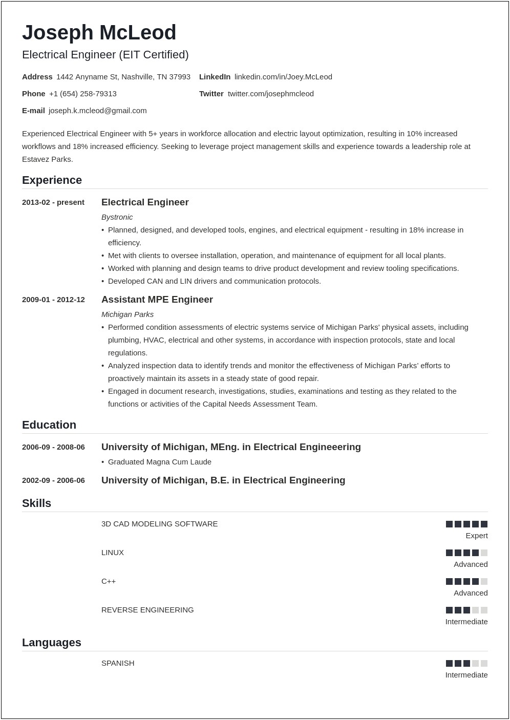 Electrical Engineering Internship Resume Sample