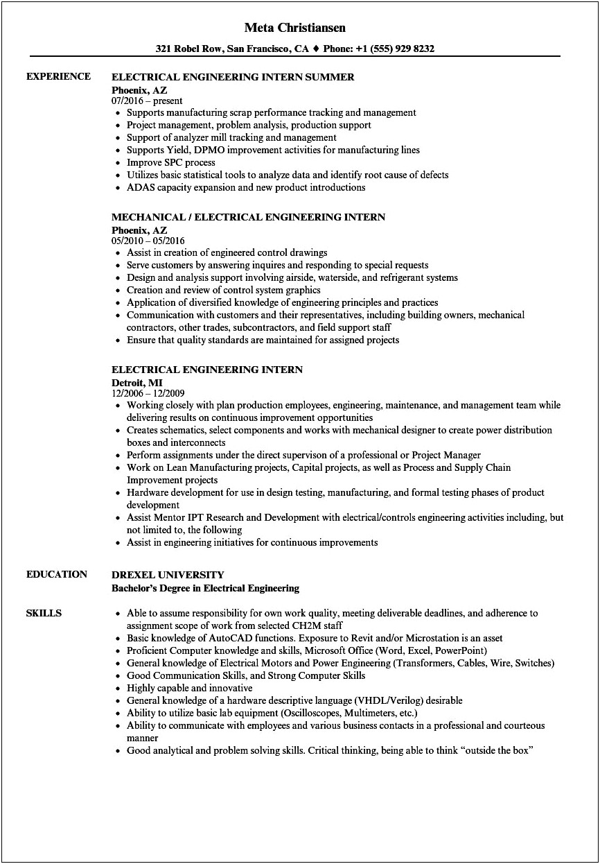 Electrical Engineering Sample Resume Entry Level
