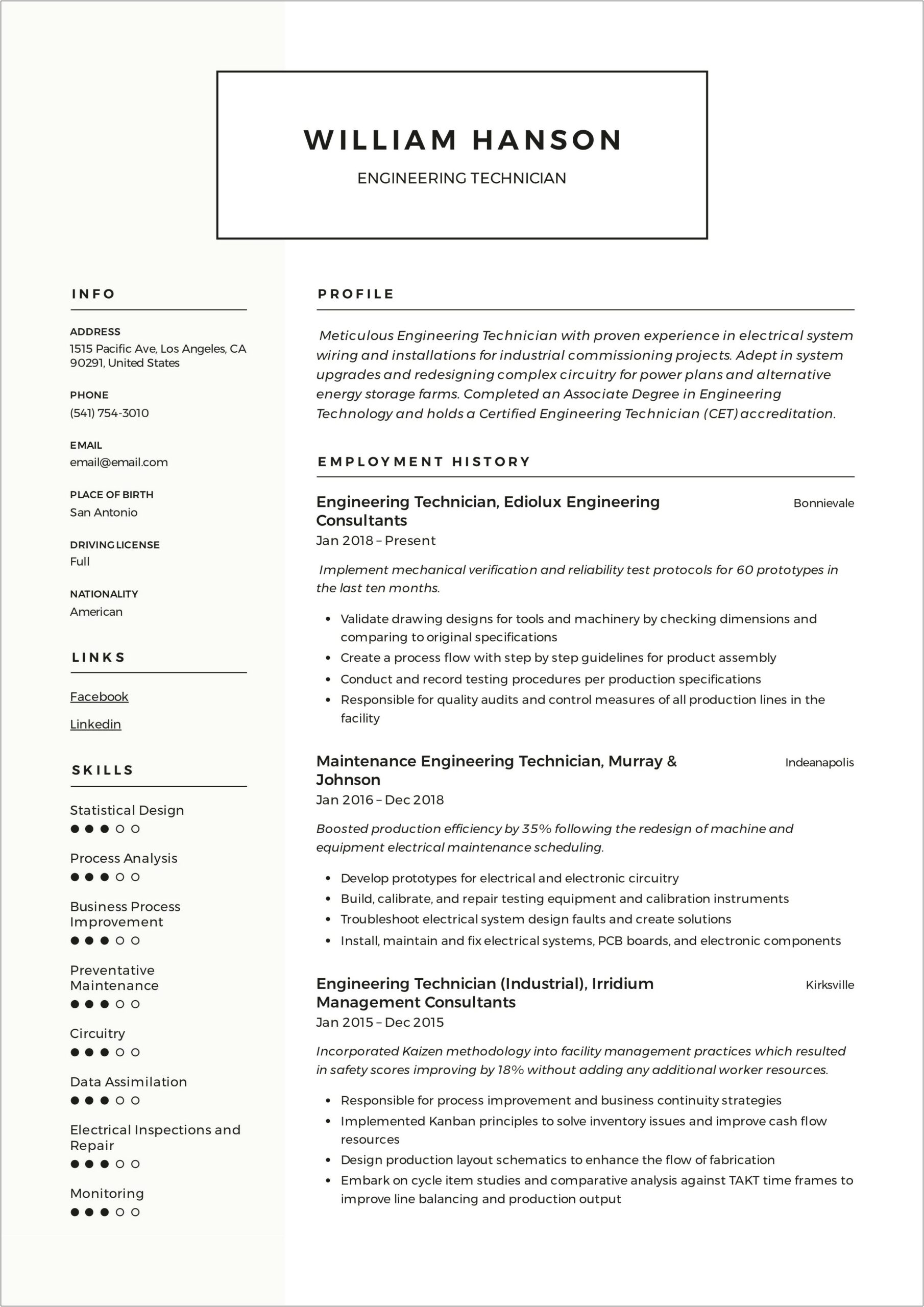 Electrical Engineering Technologist Resume Sample