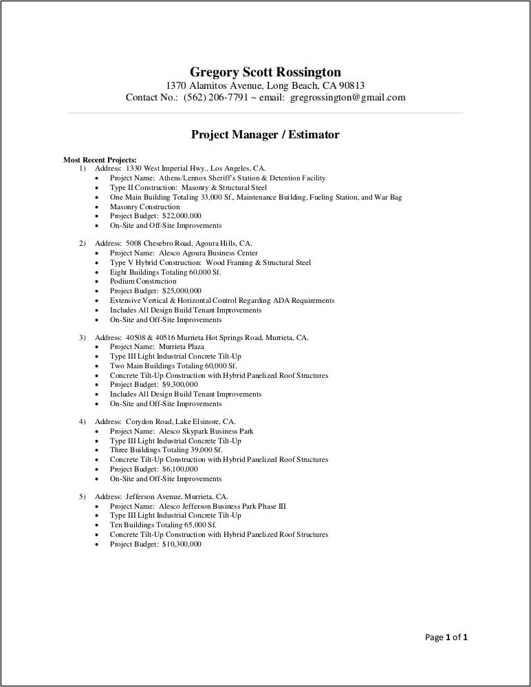 Electrical Estimator Project Manager Resume