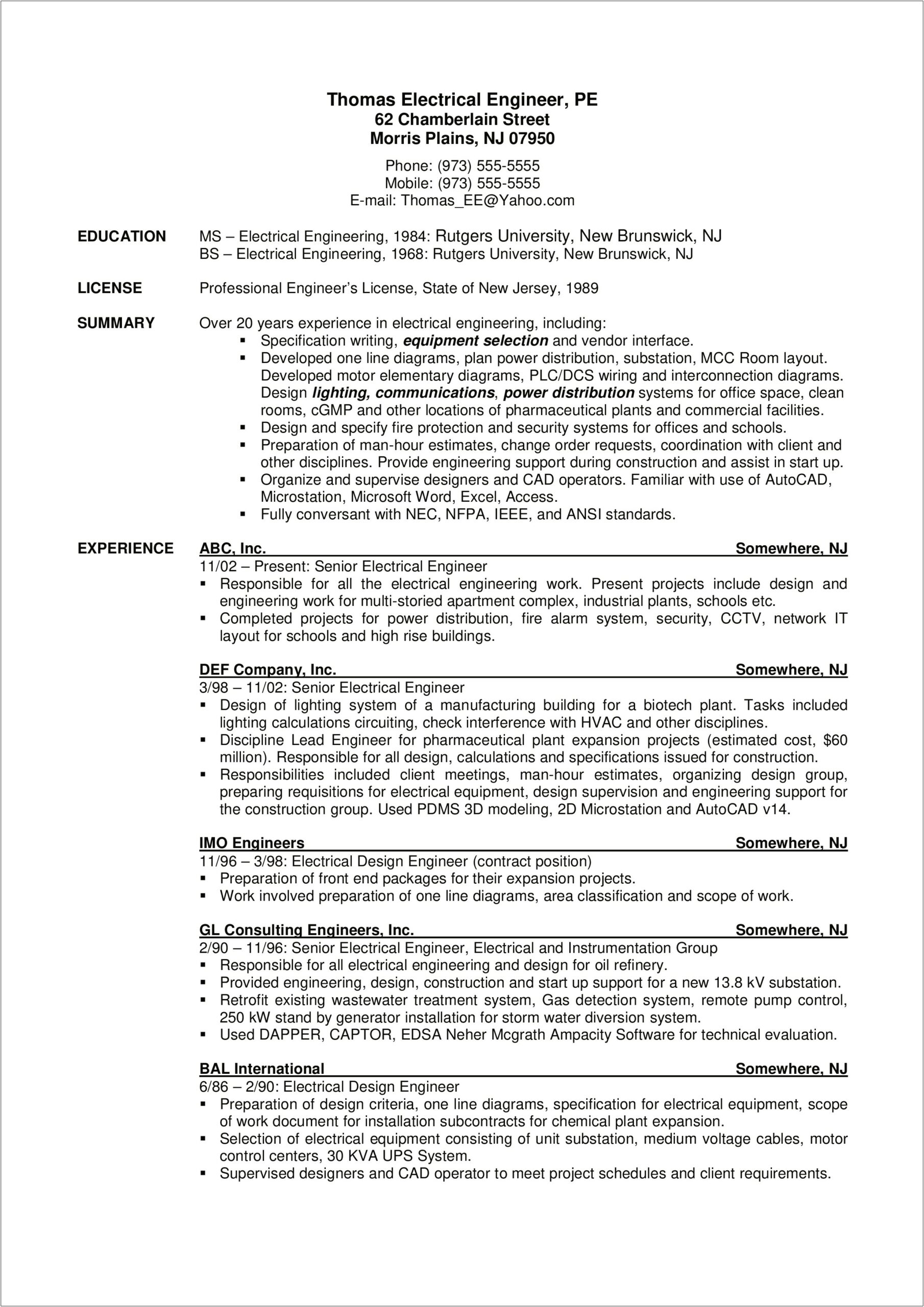 Electrical Project Engineer Resume Sample