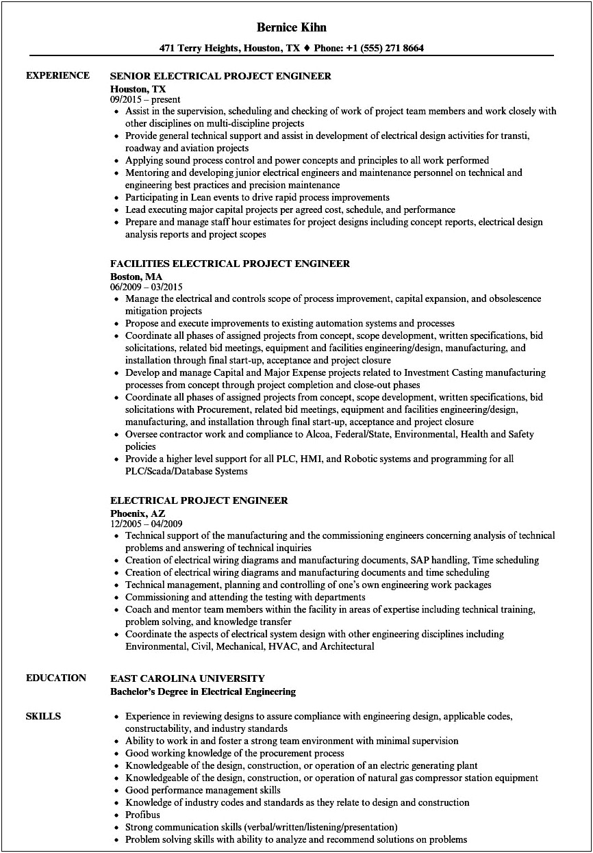 Electrical Project Engineer Resume Samples