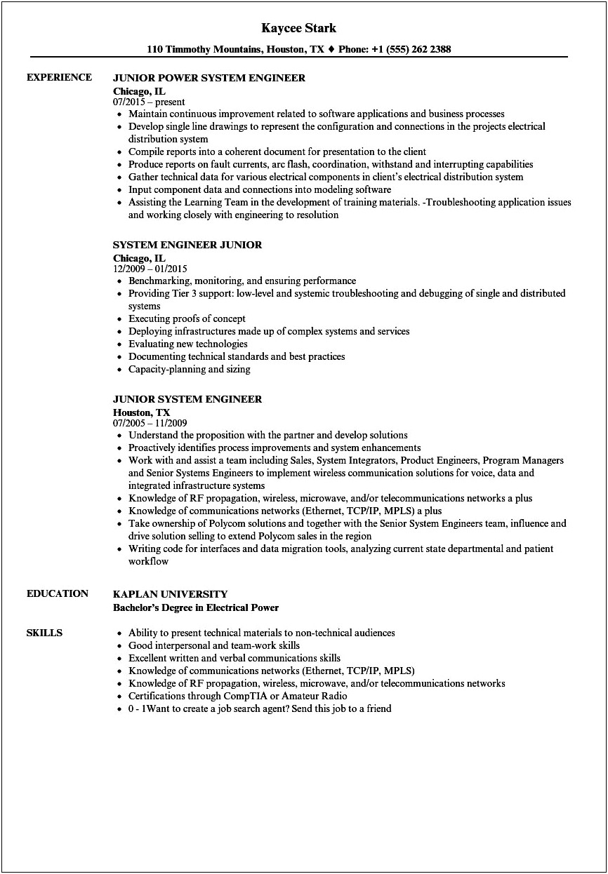 Electrical Systems Engineer Resume Example