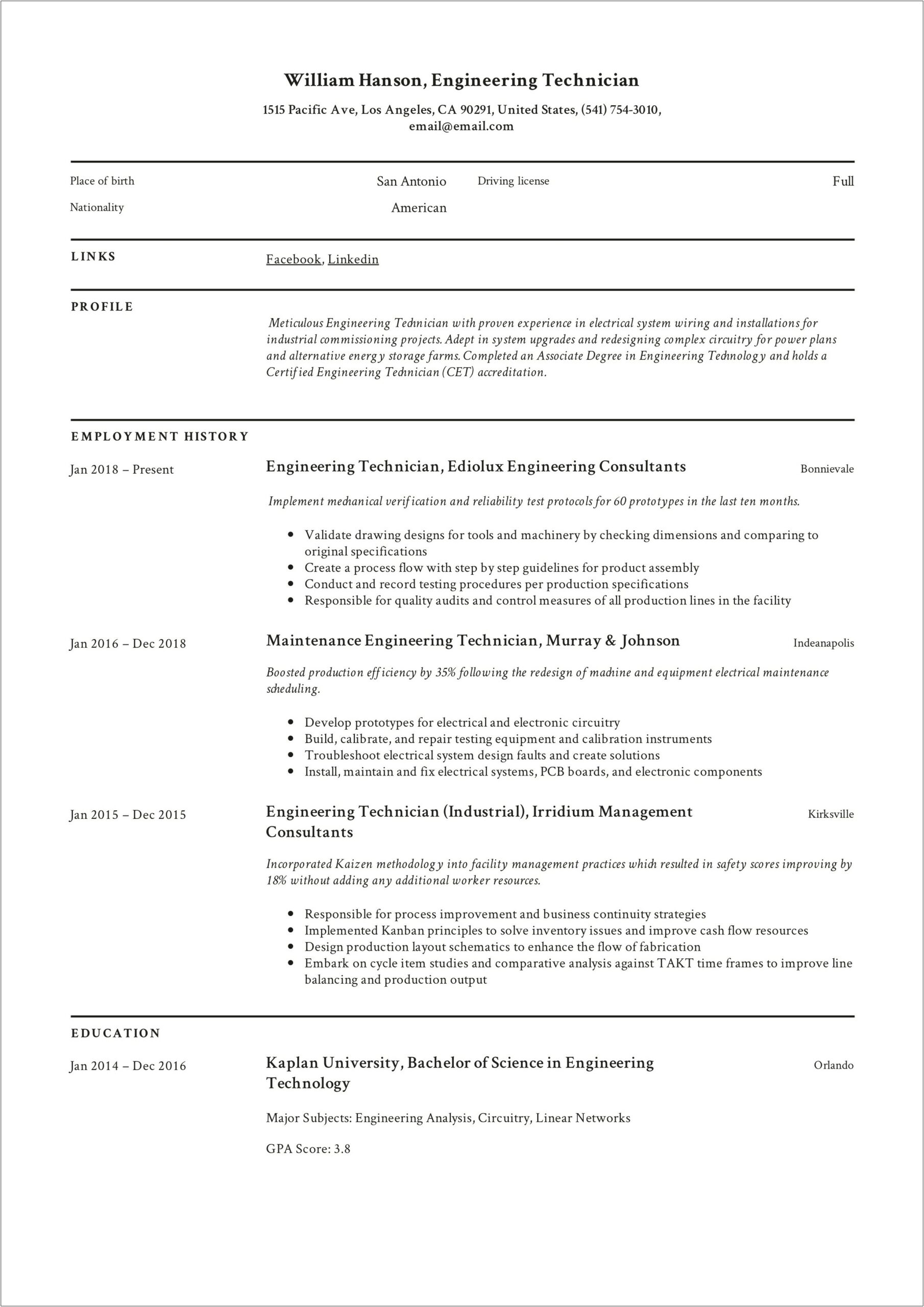 Electrical Technician Job Description Resume