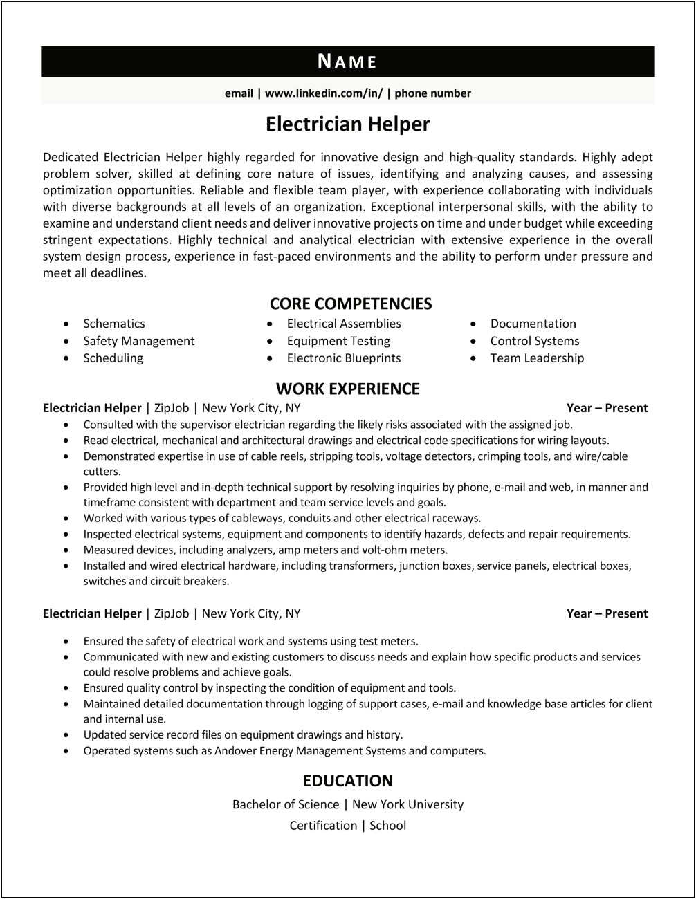 Electrician Helper Job Description Resume