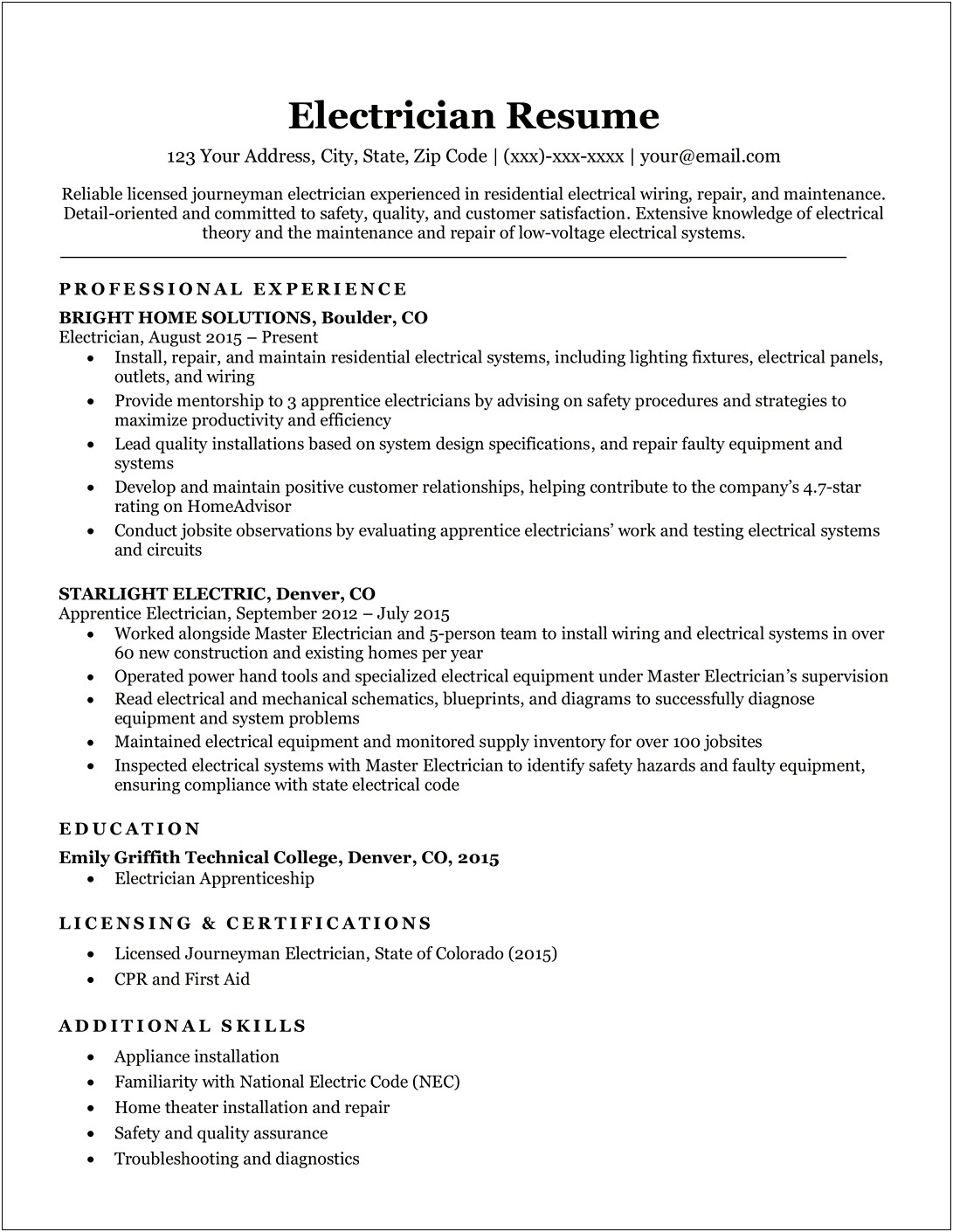 Electrician Job Description For Resume