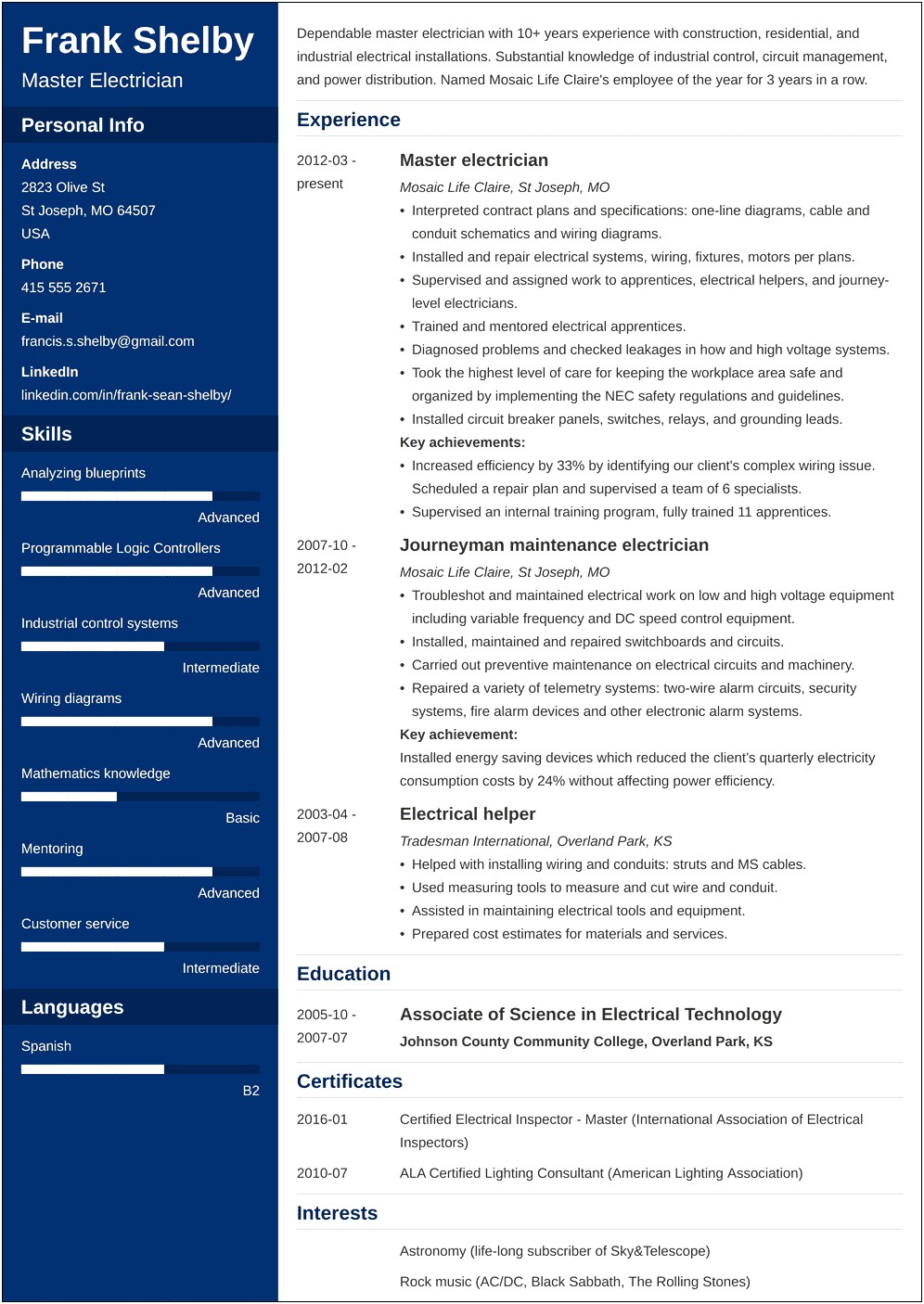 Electrician Resume Sample & Complete Guide 20+ Examples Uptowork