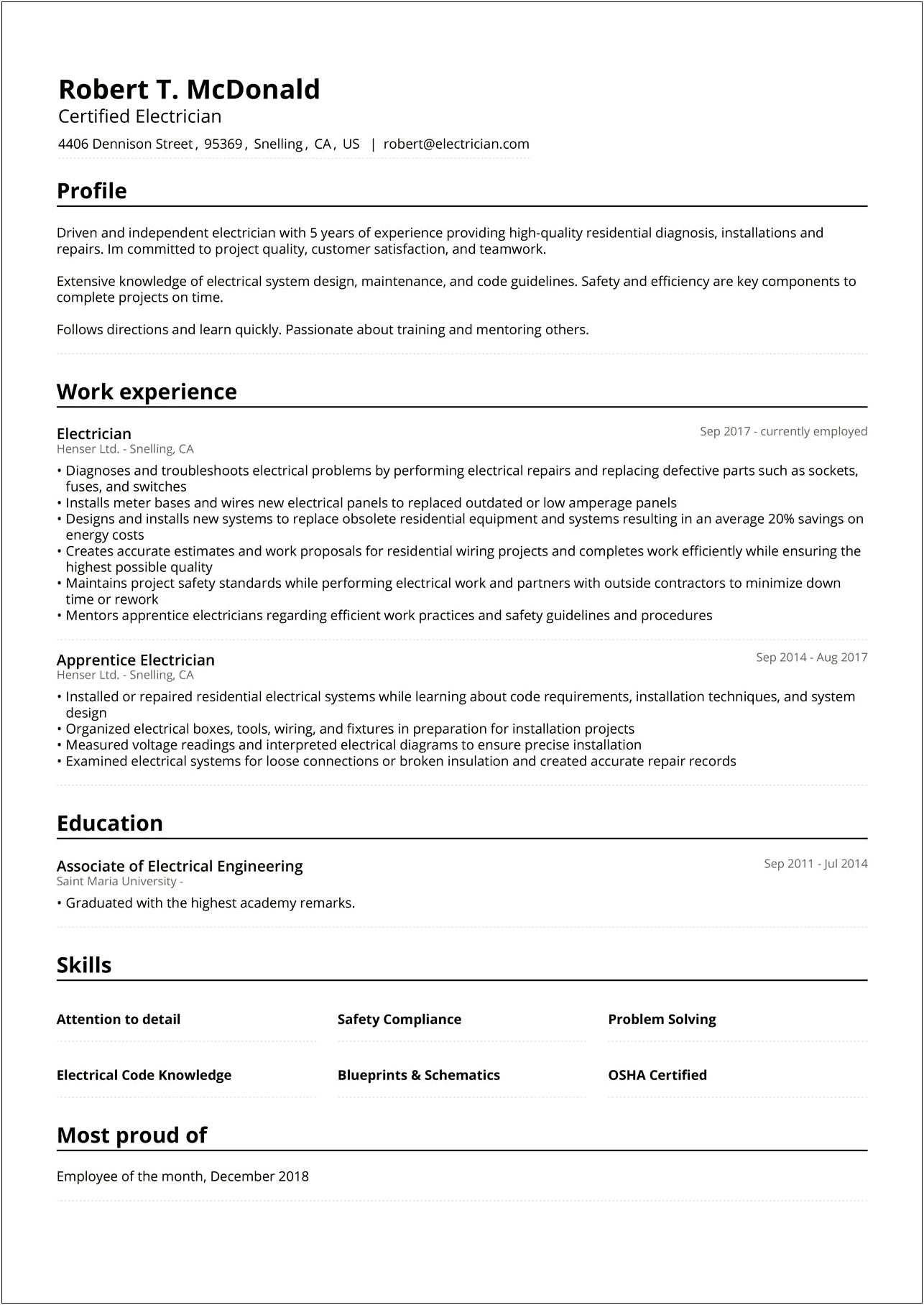 Electrician Resume Sample In Word Format