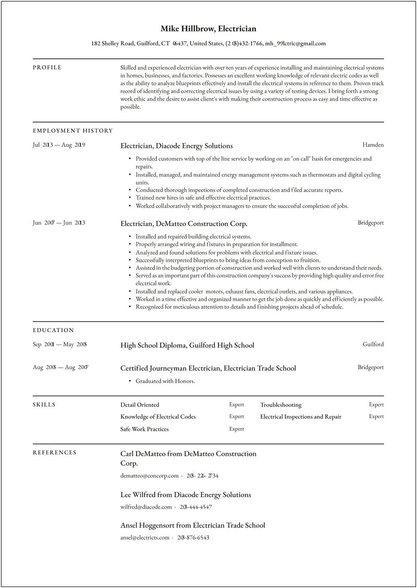 Electrician Resume With 2 Years Experience