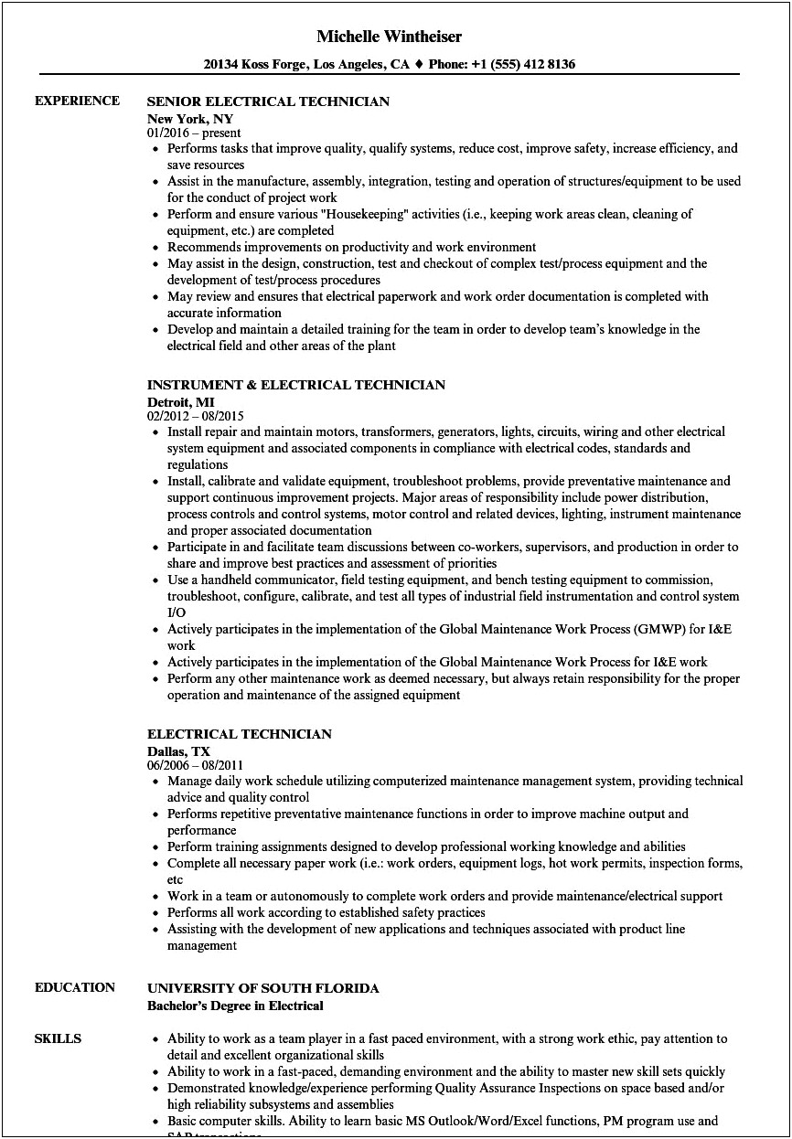 Electrician Skills In A Resume