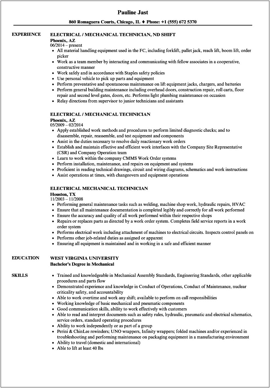 Electrician Technician Job Description Resume