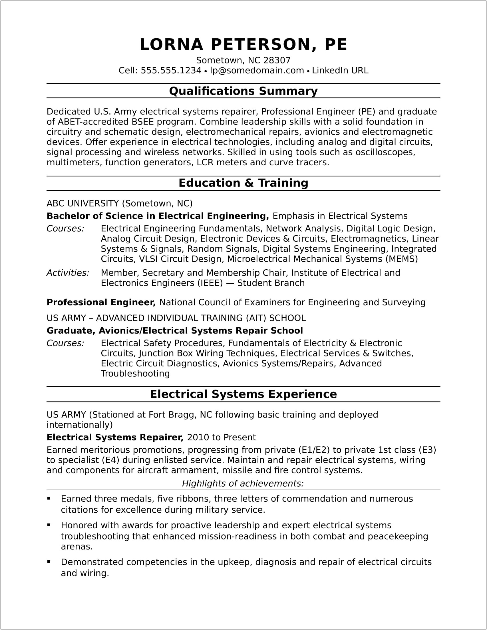 Electronic Devices Technician Resume Sample