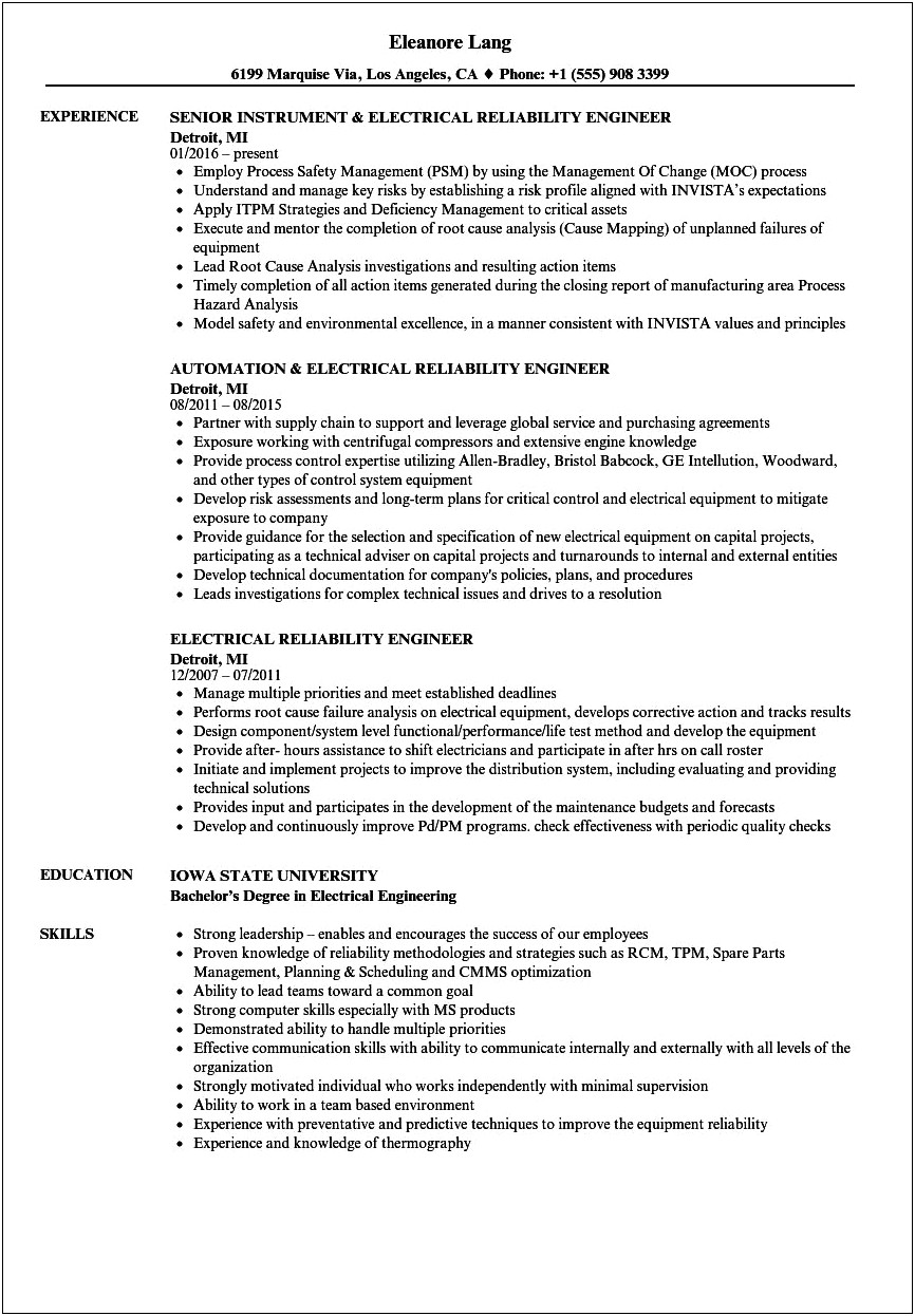 Electronic Engineering Skills For Resume