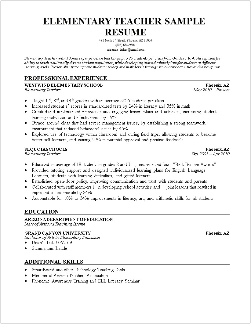 Elementary Education Job Experience Resume
