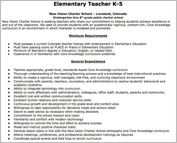 Elementary School Teacher Job Description For Resume