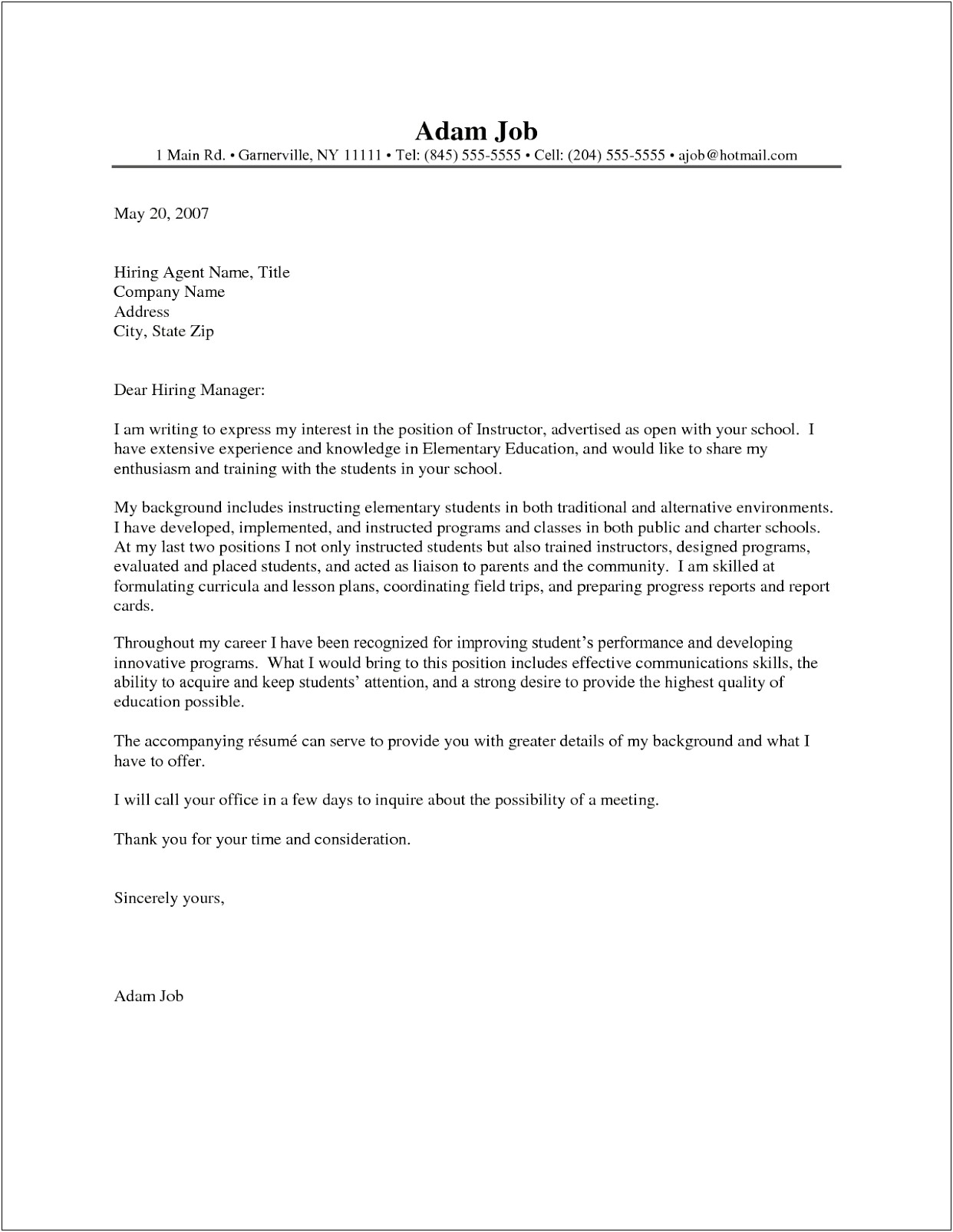 Elementary School Teacher Resume Cover Letter