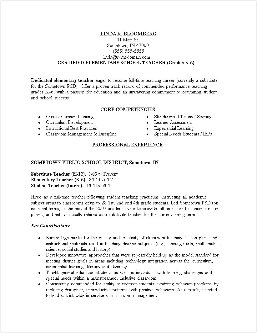 Elementary School Tutor Sample Resume