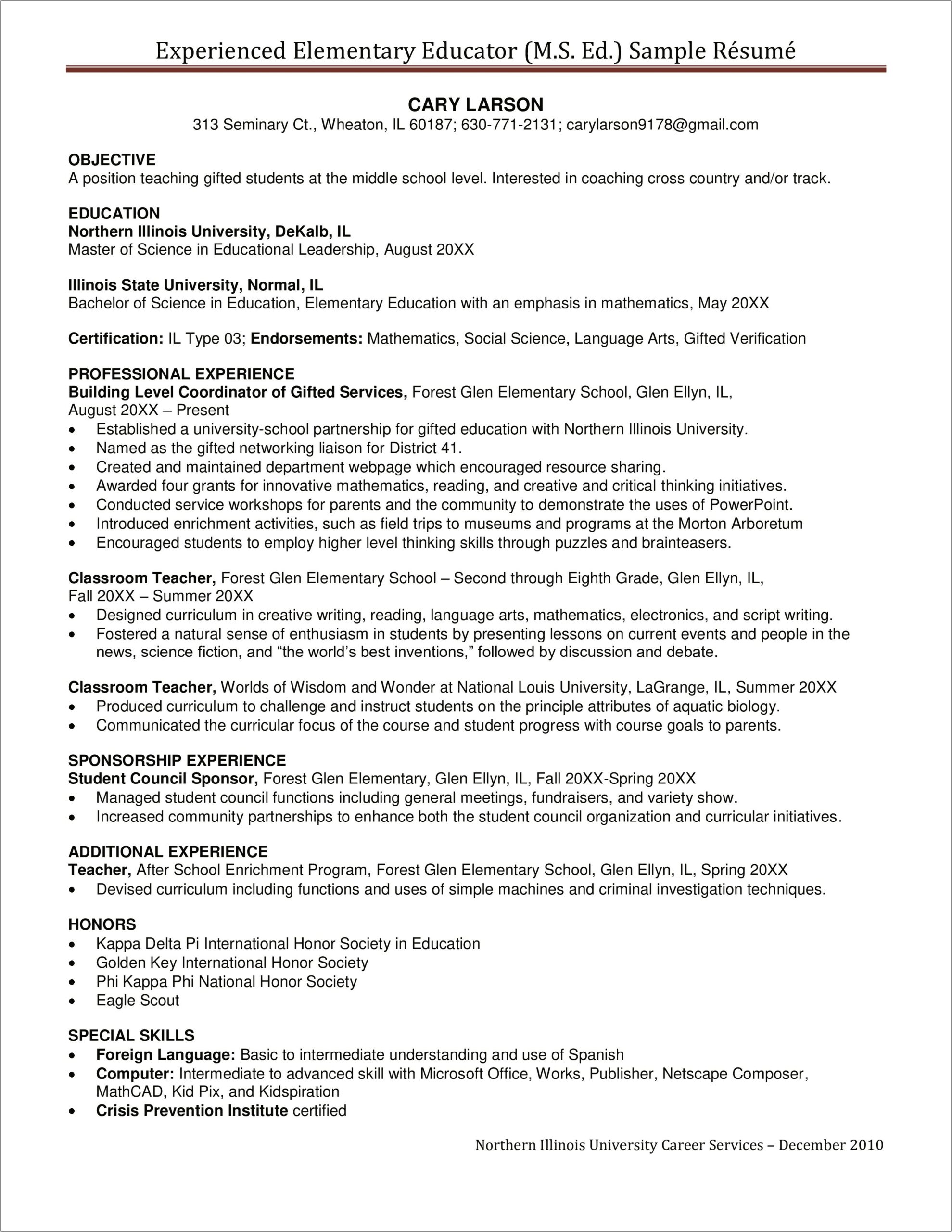 Elementary Teaching Resume Objective Examples
