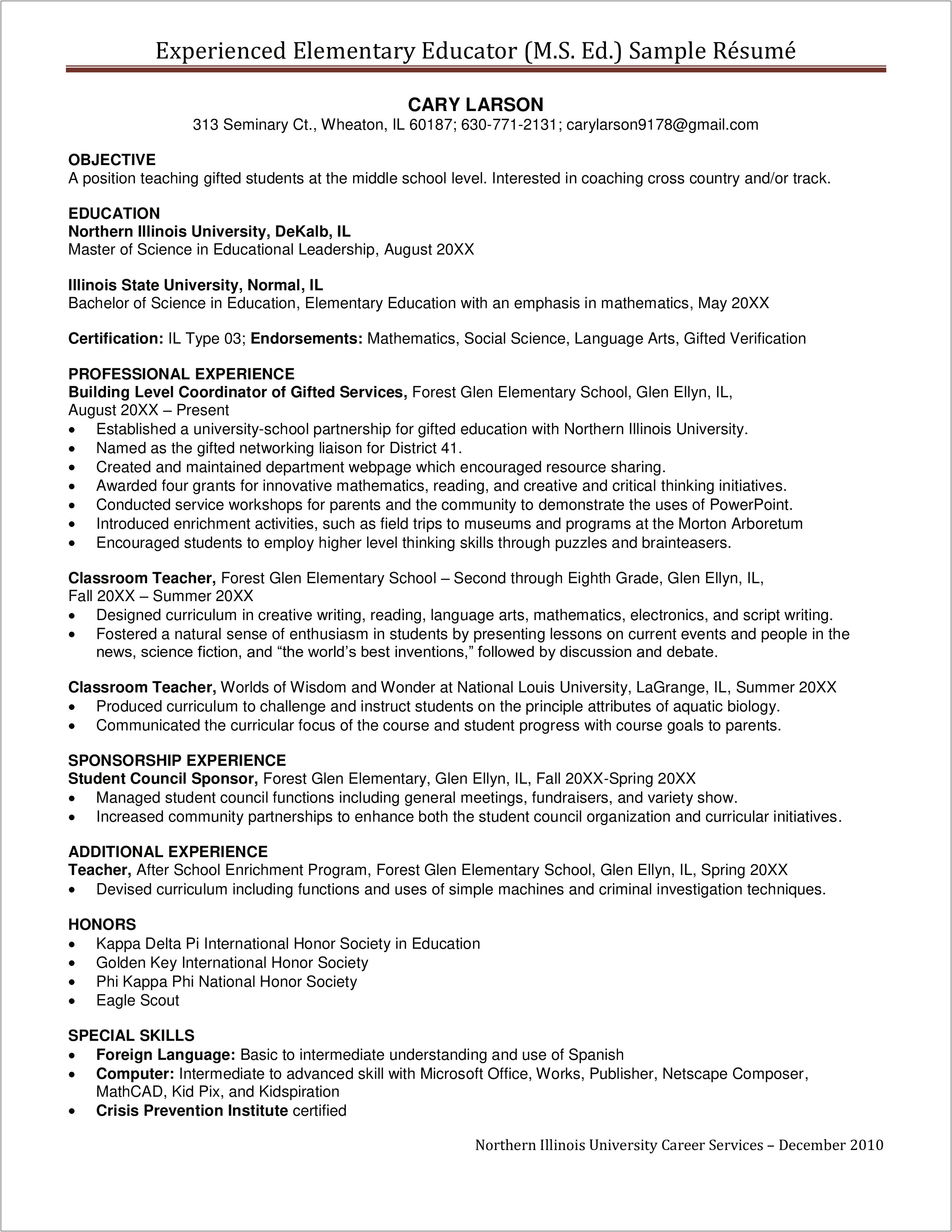 Elementary Teaching Resume Objective Examples