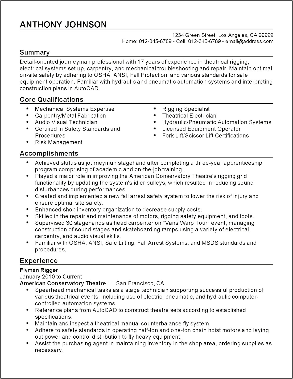 Elevator Technician Job Description Resume