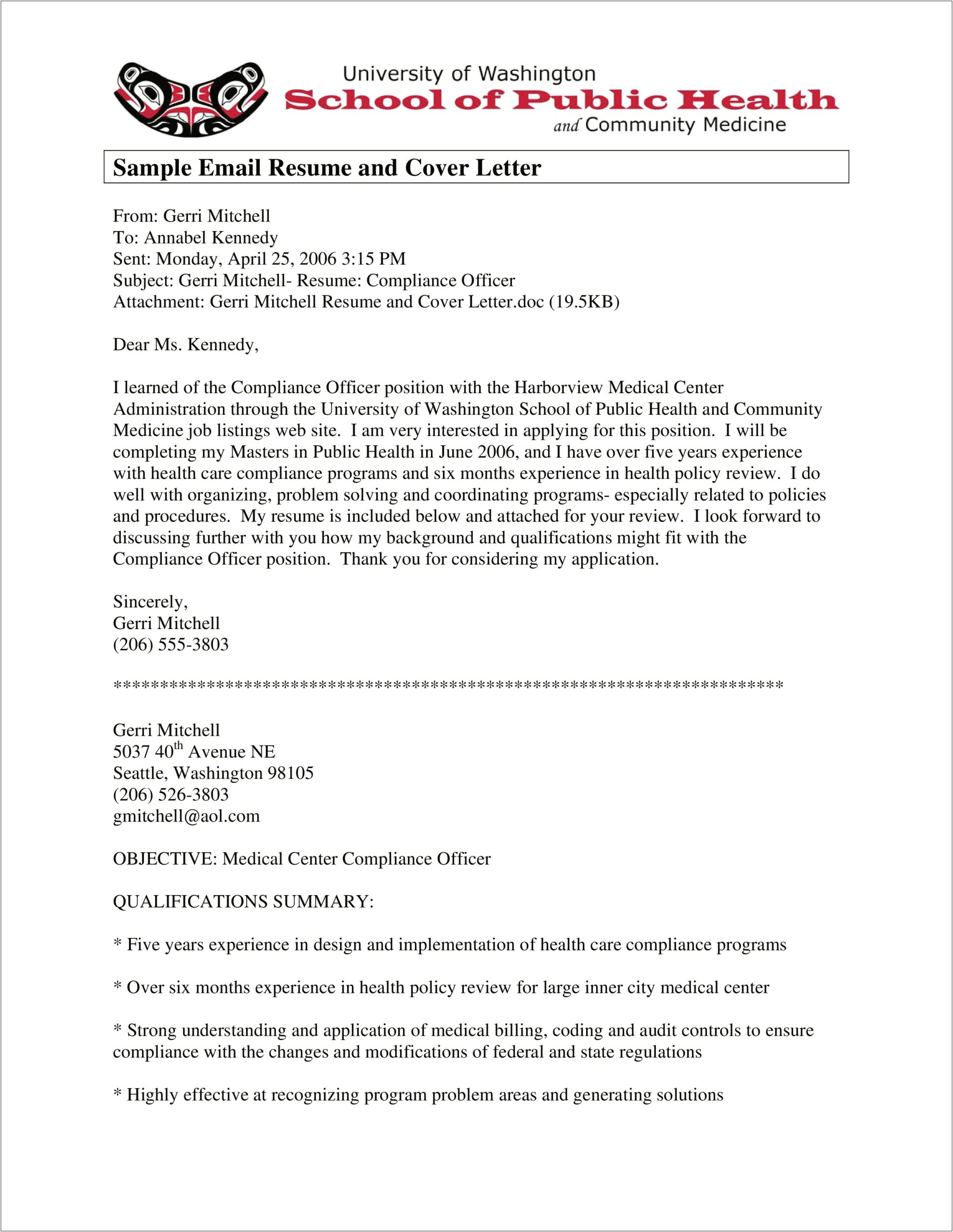 Email Including Cover Letter And Resume Subject