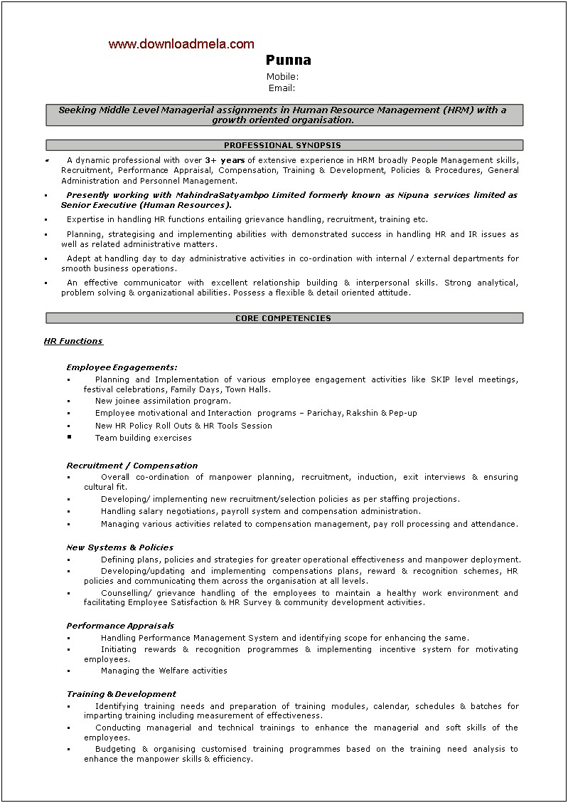 Email Resume To Hr Sample