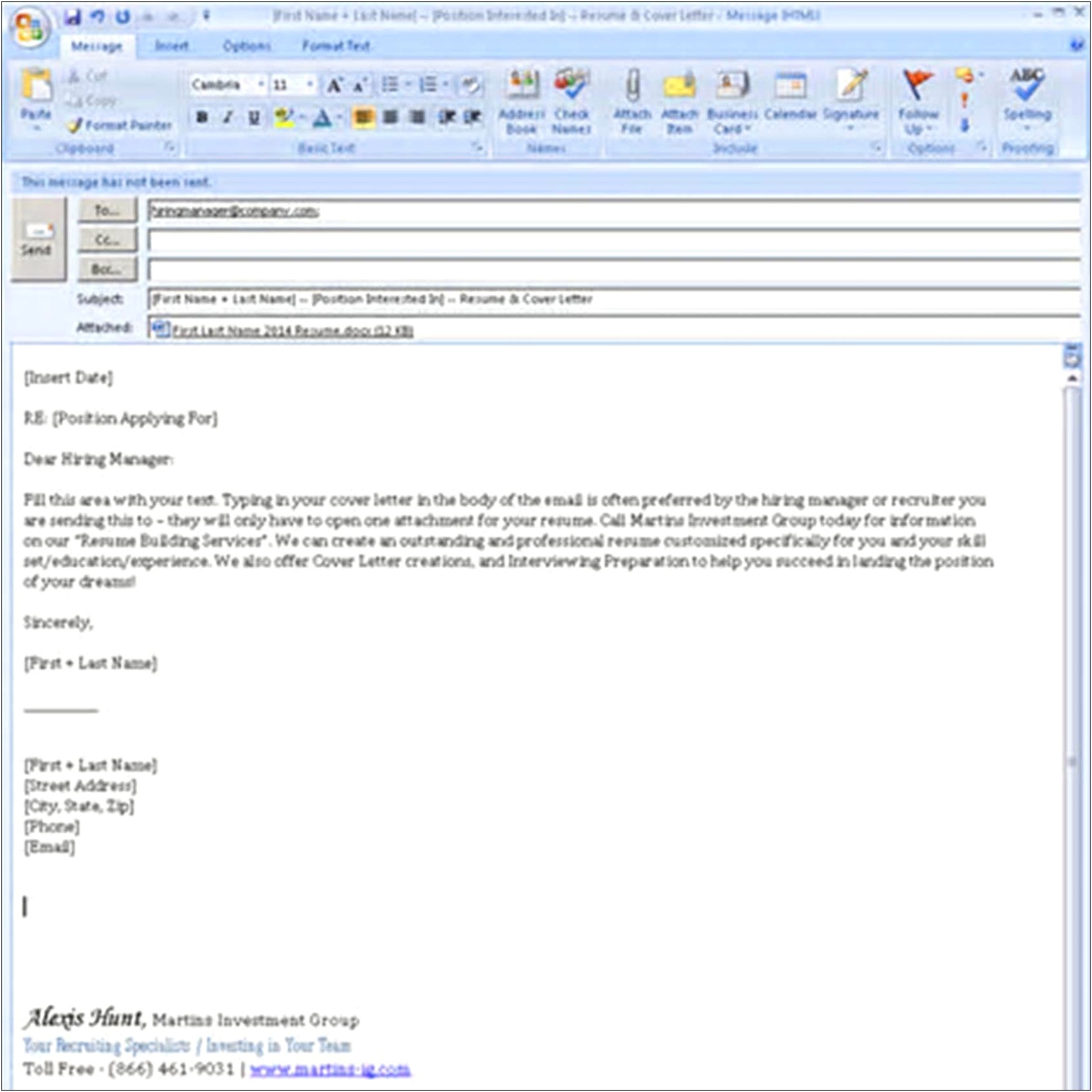 Email Template Sending Resume Cover Letter