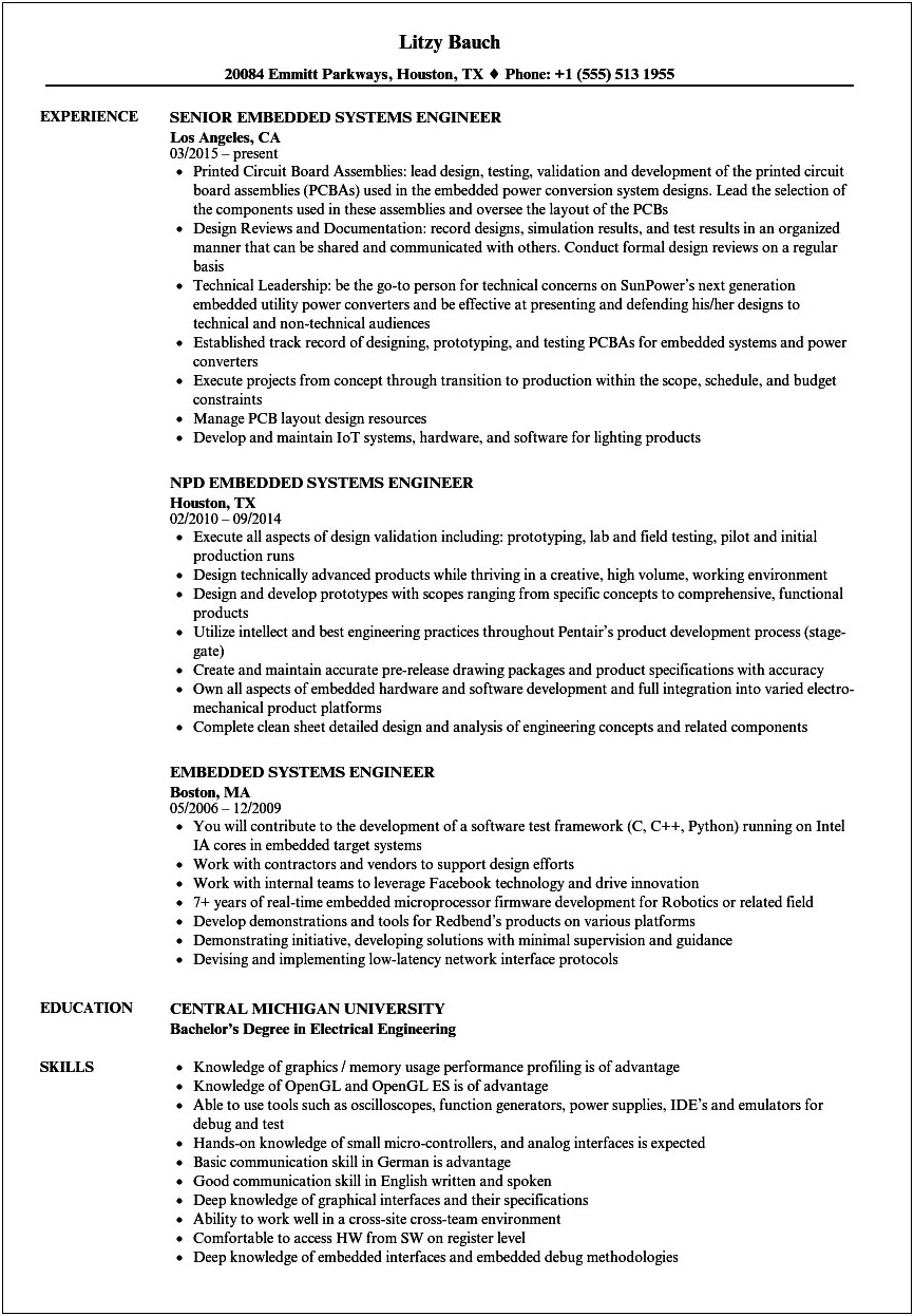Embedded Systems 2 Years Experience Resume