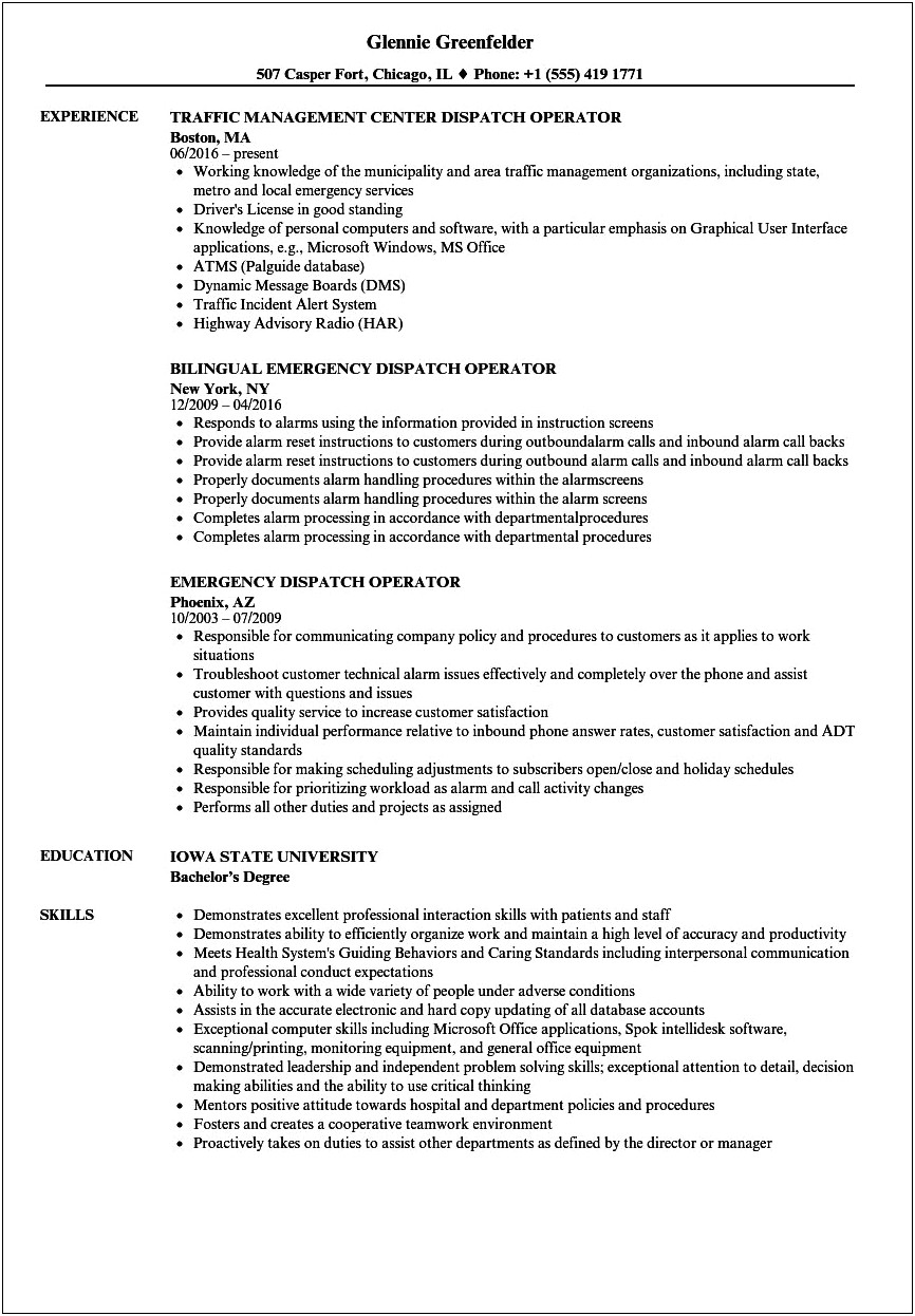 Emergency Dispatcher Job Description For Resume