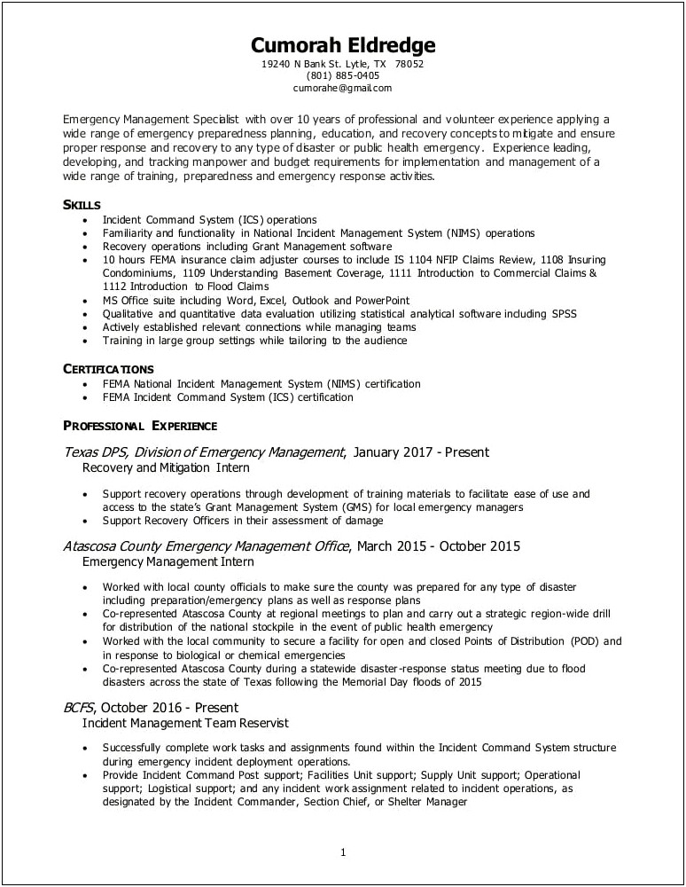 Emergency Management Fema Certification Resume