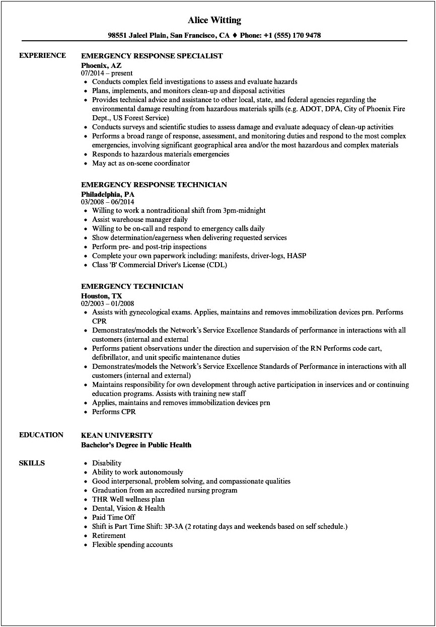 Emergency Management Specialist Recovery Resume