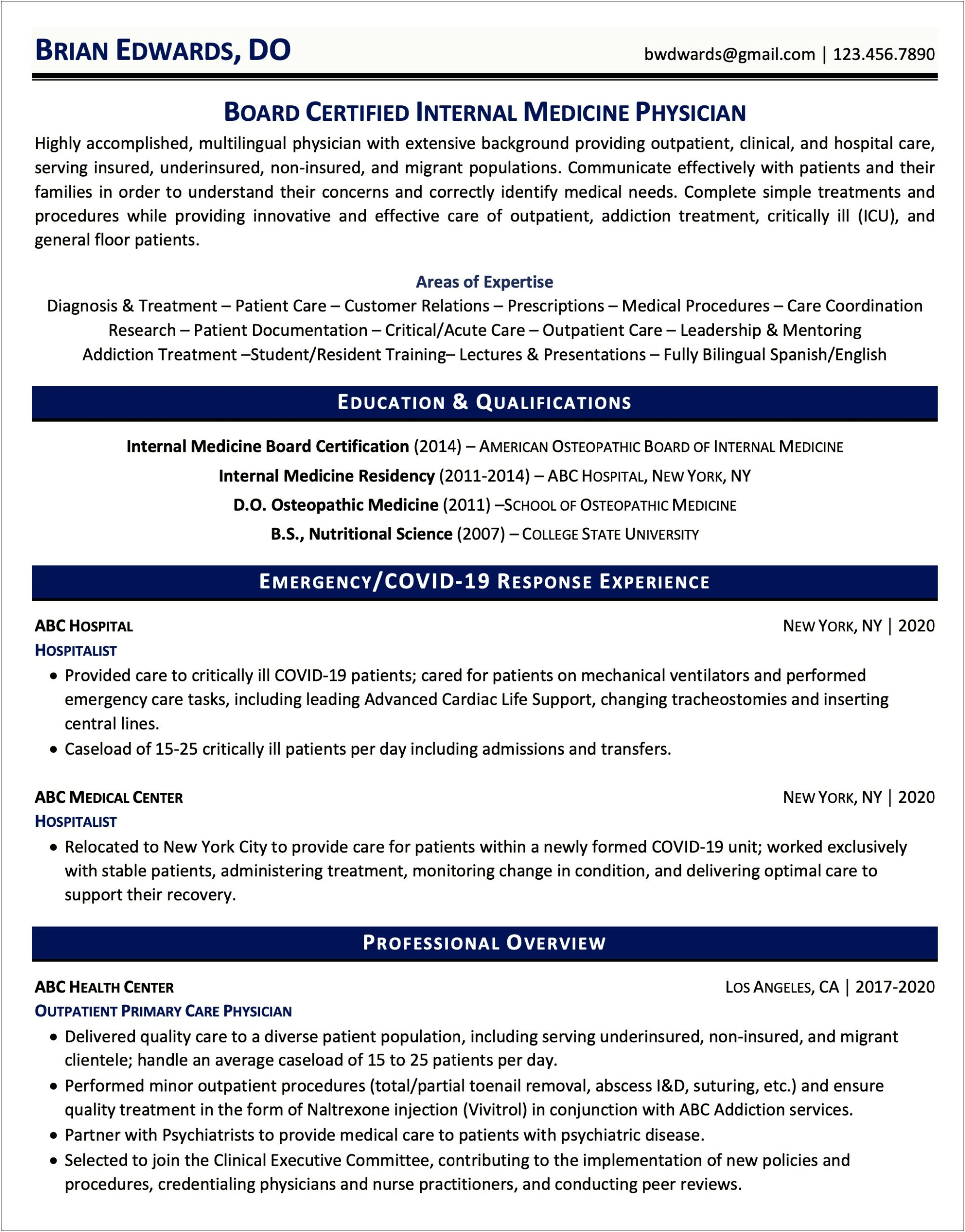 Emergency Room Physician Resume Examples