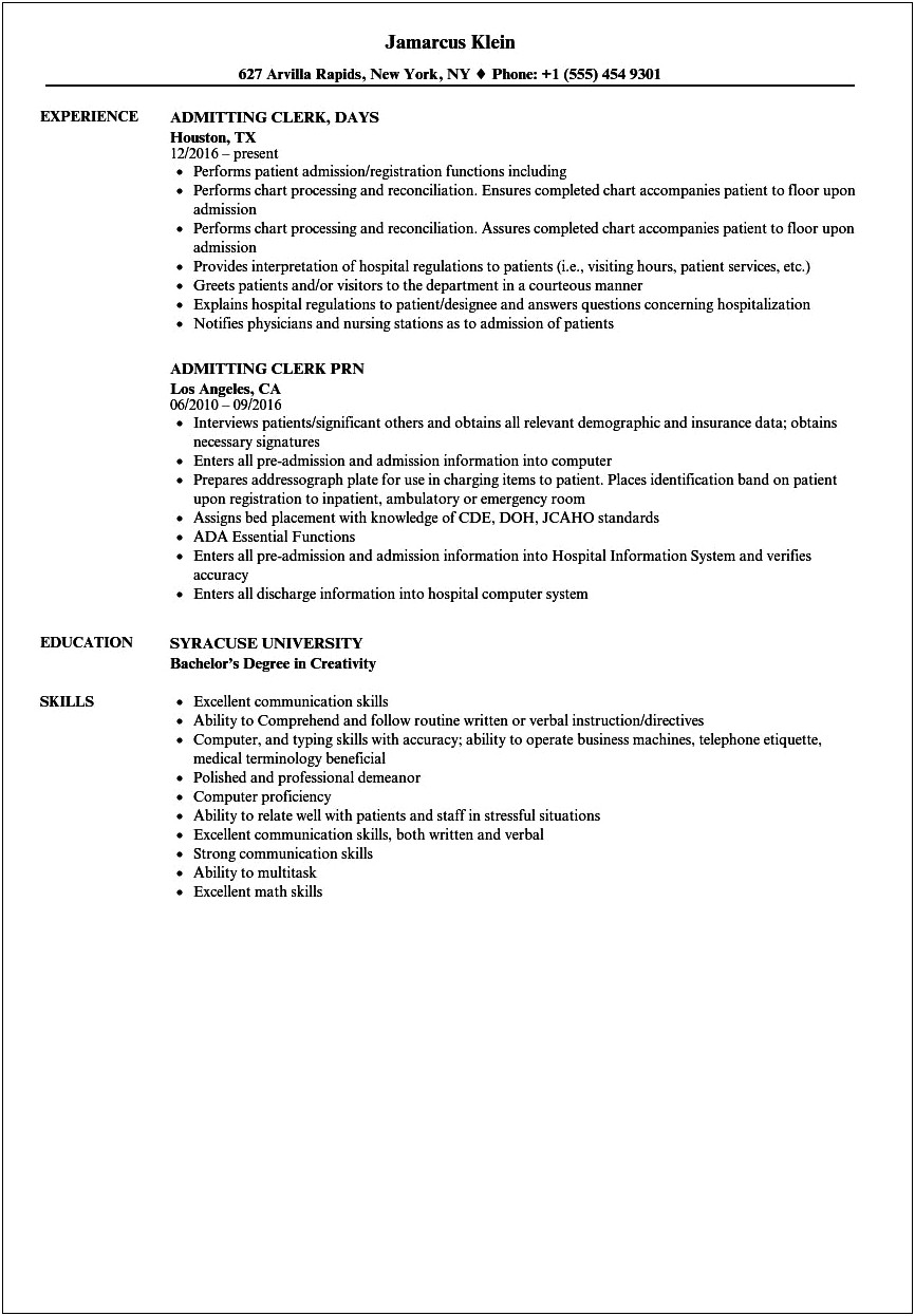 Emergency Room Registrar Job Description For Resume