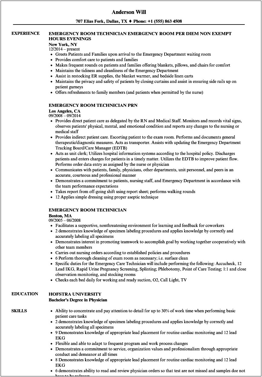Emergency Room Tech Job Description For Resume
