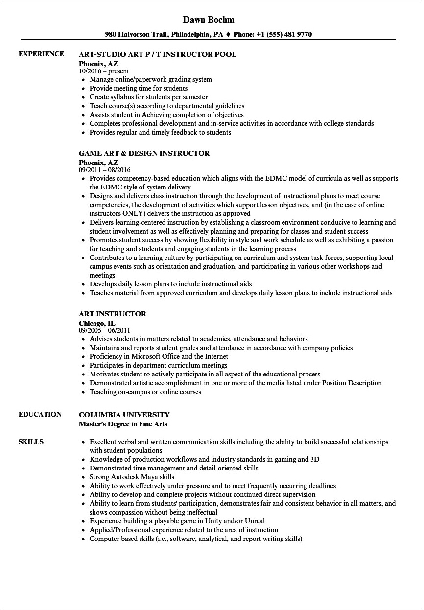Emerging Student And Art Professor And Resume Sample
