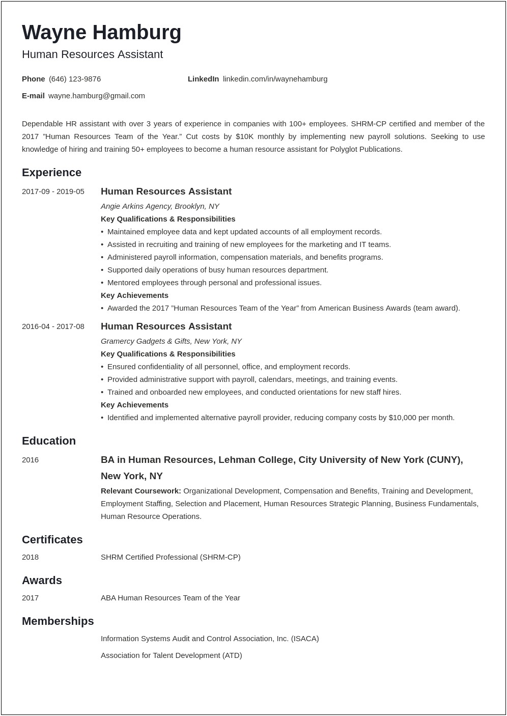 Employee Of The Year Resume Sample