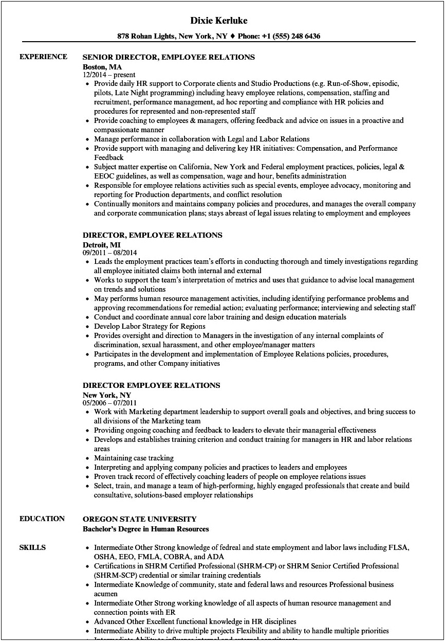 Employee Relations Job Description Resume