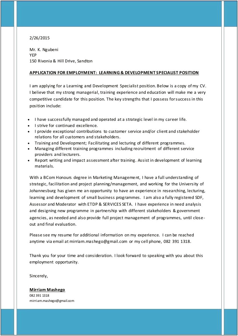 Employment And Training Specialist Resume And Cover Letter
