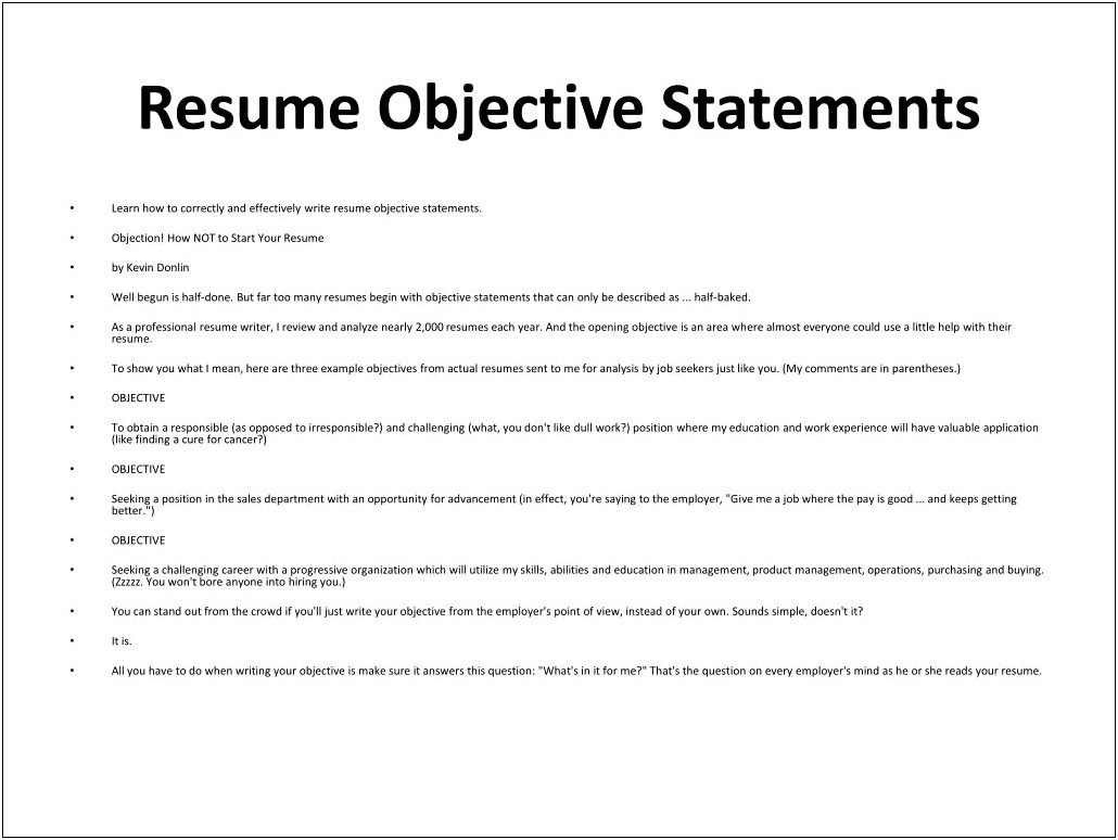 Employment Objective Examples For Resume