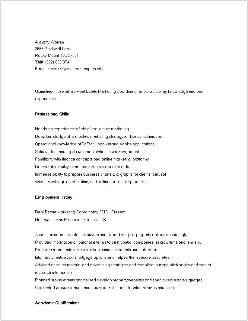 Employment Objectives For Real Estate Resume