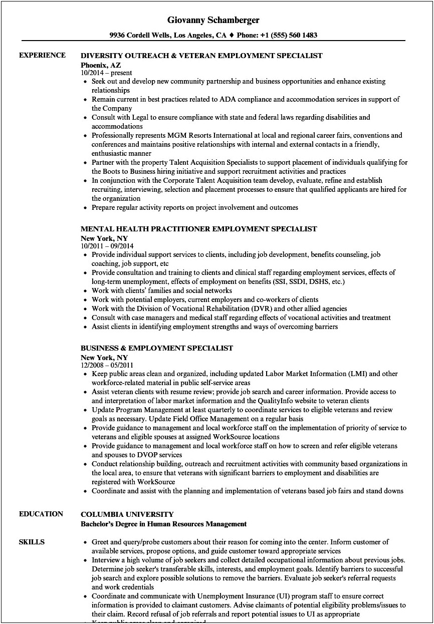 Employment Service Job Description For Resume