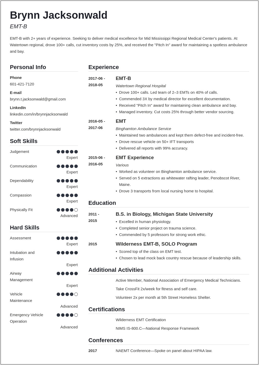Emt B Job Description Resume