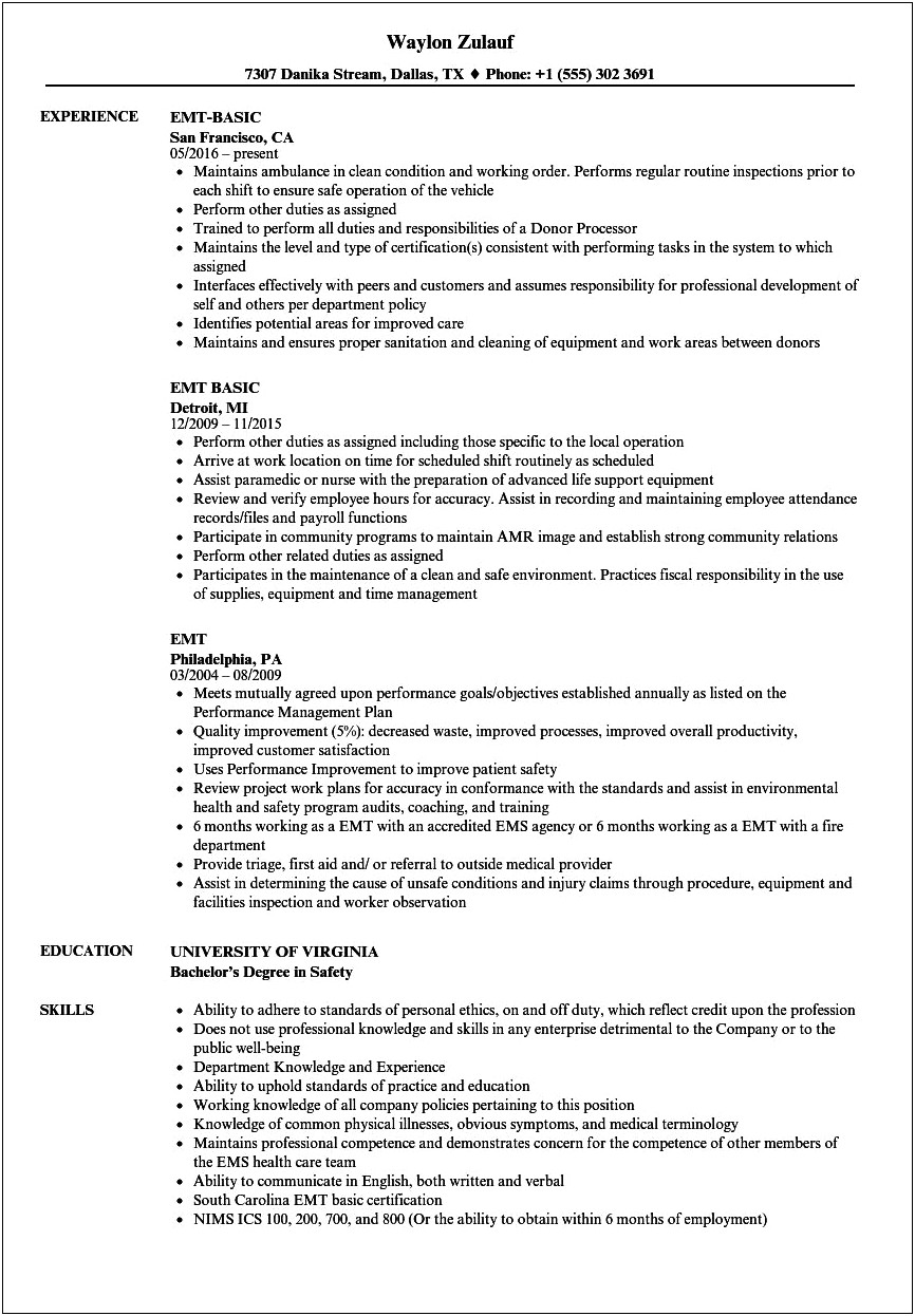 Emt Resume With No Experience Skills