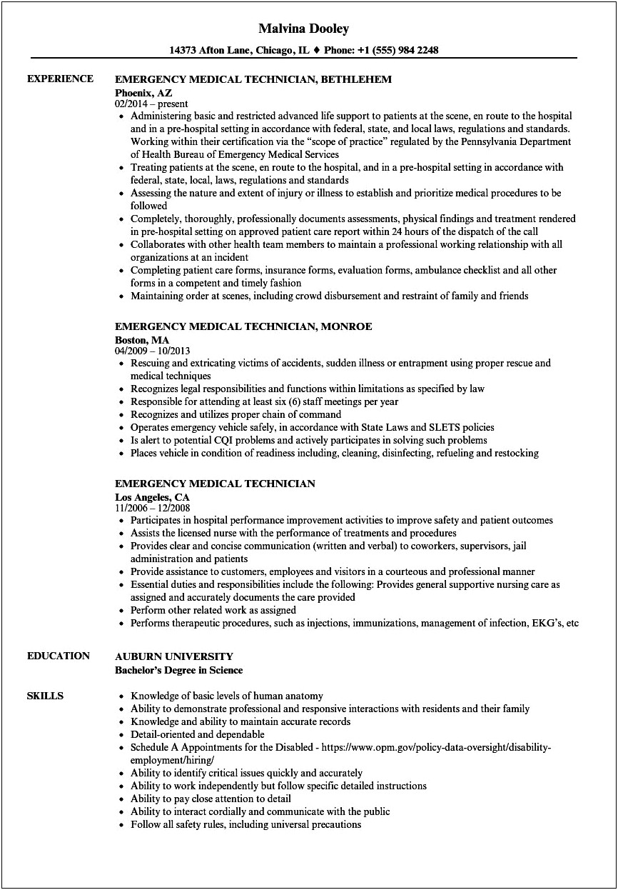 Emt Skills And Abilities Resume