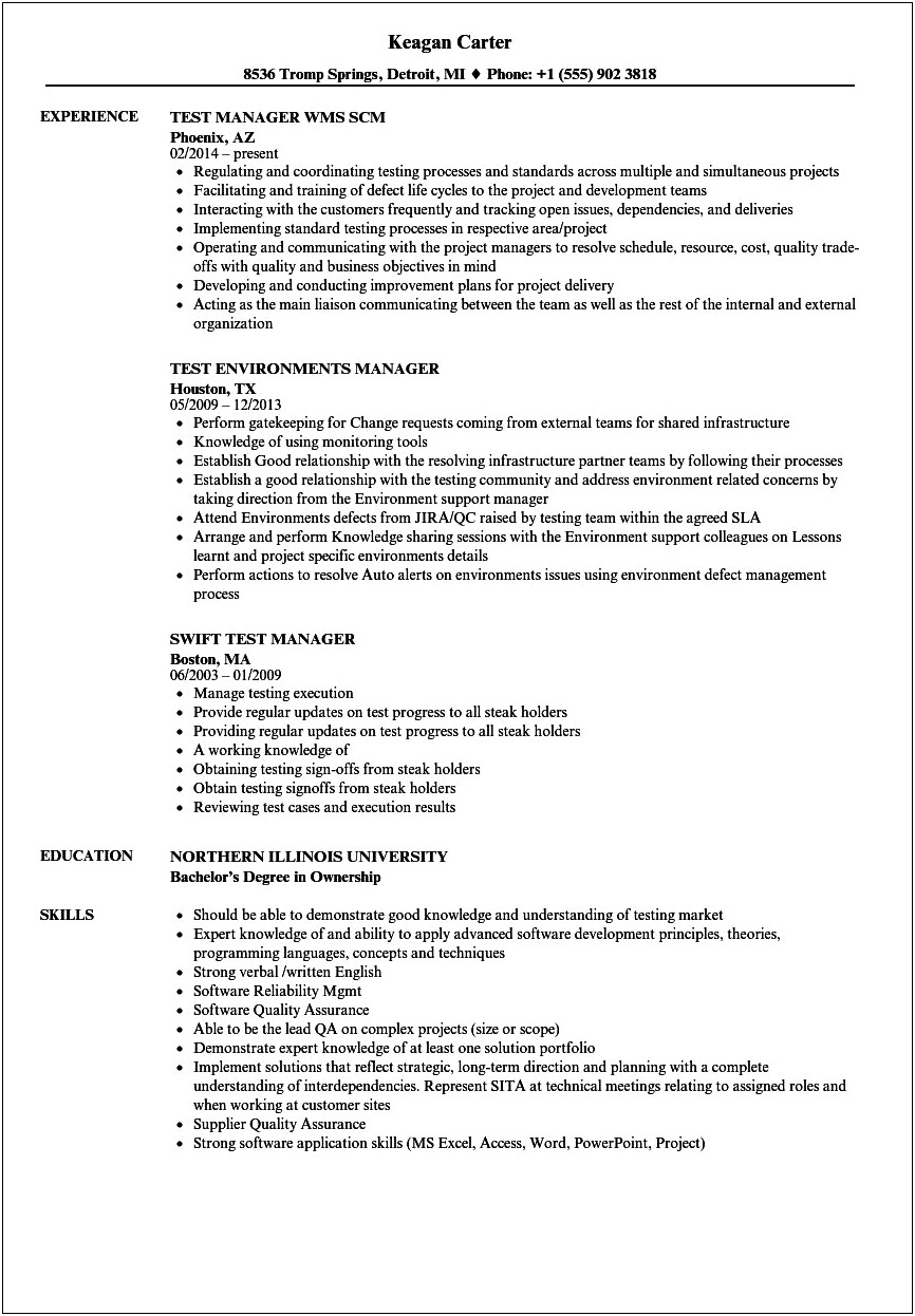 End To End Test Manager Resume