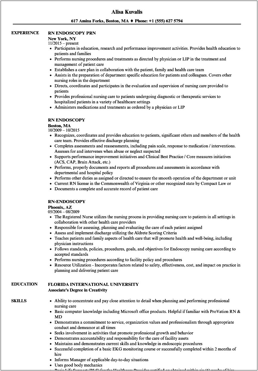 Endoscopy Nurse Clinic Manager Job Description Resume