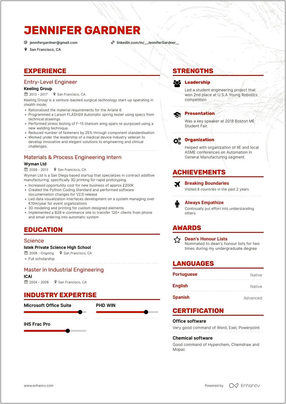 Engineer Level 1 Sample Resume