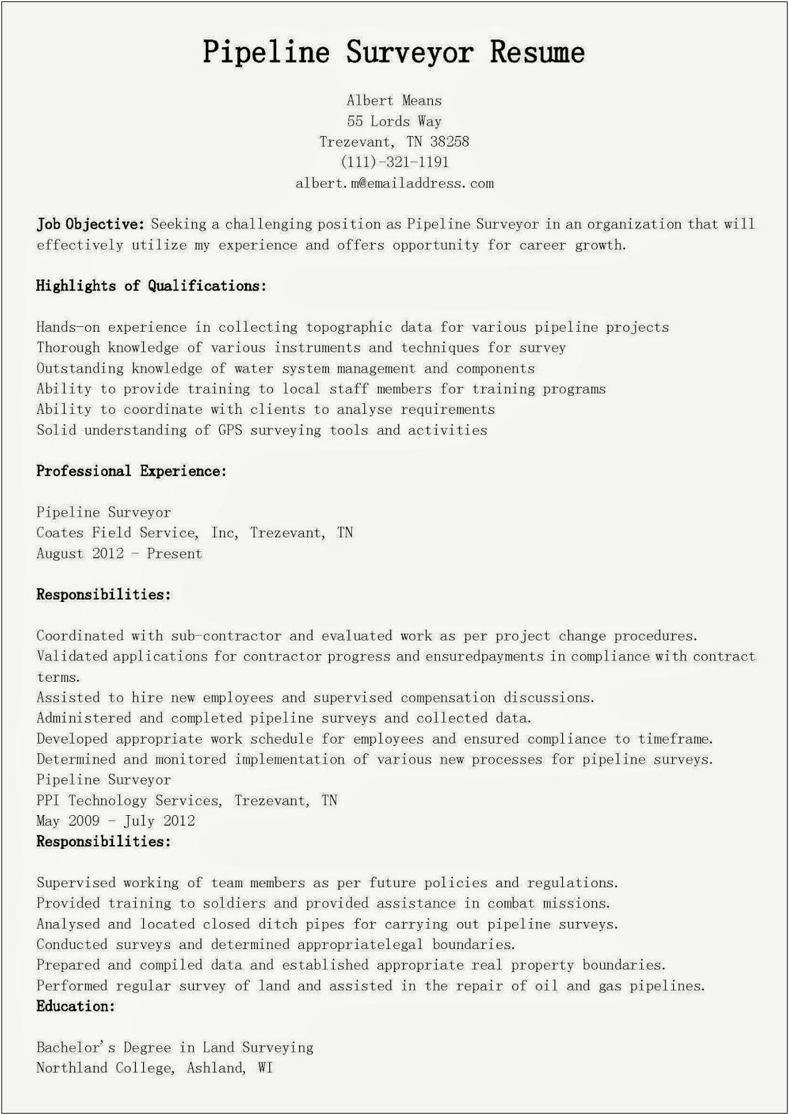 Engineer Surveyor Supervisor Job Description For Resume