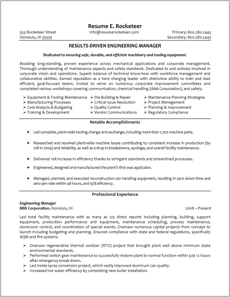 Engineering And Maintenance Manager Resume